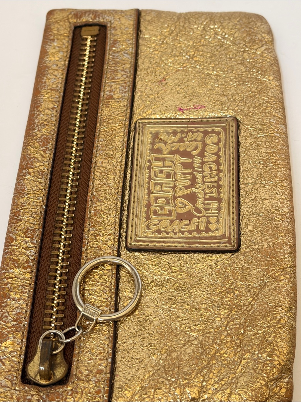Coach Gold Metallic Leather Wristlet Wallet with Key Ring